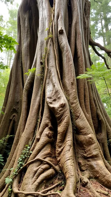 Gnarled Tree Trunk Rises from Rainforest Background