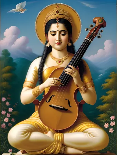 Goddess Saraswati Plays Veena on Cloudy Misty Morning