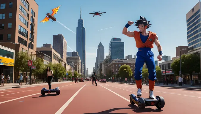 Goku and Friends Racing Through West City on Hoverboards