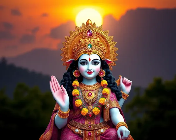 Gold Adorned Laxmi Idol with Sunrise Background