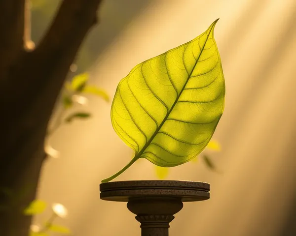Golden Light Surrounds Single Bel Patra Leaf on Stone Pedestal