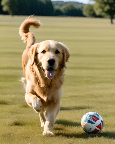 Golden Retriever Chases Ball in Sunny Meadow