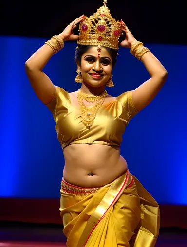 Golden Sari Dancer Performs Dramatic Pose in Mohiniyattam