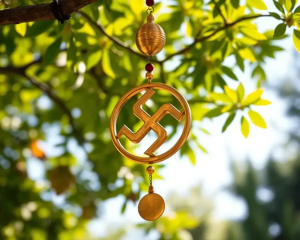Golden Swastika Wind Chime Hanging from Tree Branch