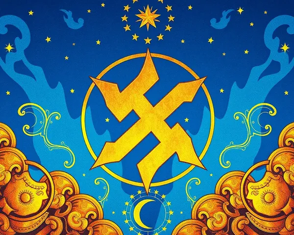 Golden Swastika on Bright Blue Background with Intricate Patterns