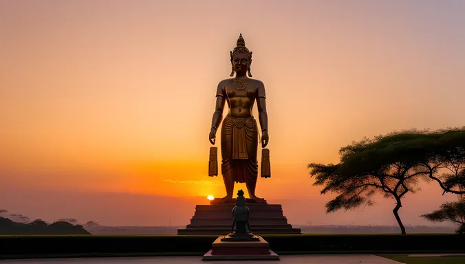 Gommateshwara Statue at Sunset with Orange and Pink Sky