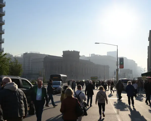 Good Morning Image Shukrawar: Bustling City Street with Morning Mist and Sunshine