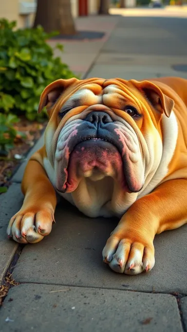 Goofy Bulldog Lounges on Sidewalk with Comical Face