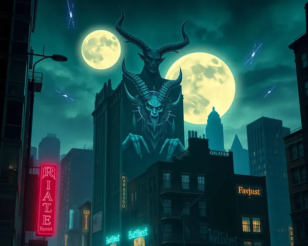 Gothic Cityscape with Baphomet Mural at Night