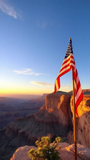 Grand Canyon Sunrise with American Flag and Clouds