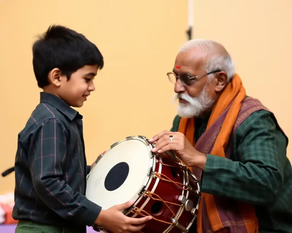 Grandfather Teaches Young Boy to Play Dholak Drum