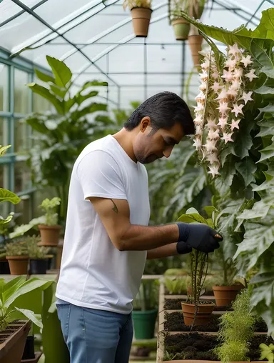 Greenhouse Gardener Tends to Exotic Datura Plant