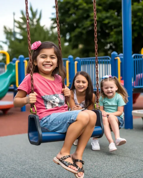 Gril Laughs with Friends on Playground Swing
