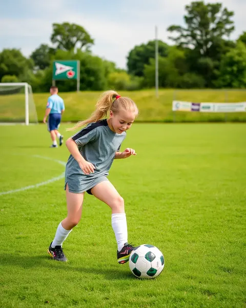 Gril Plays Soccer with Friends in Green Field
