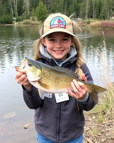 Gril Proudly Holds Catch by Lake Shore