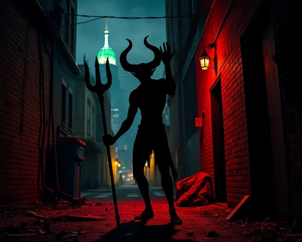 Gritty Black Devil in Urban Alleyway with 4K Cityscape Wallpaper