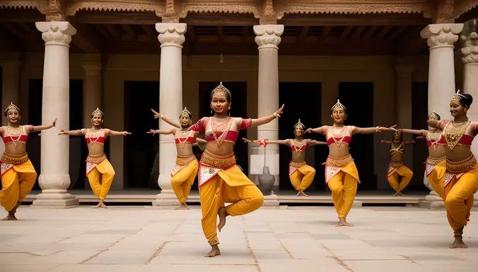 Group Mohiniyattam Dancers Perform in Temple Courtyard