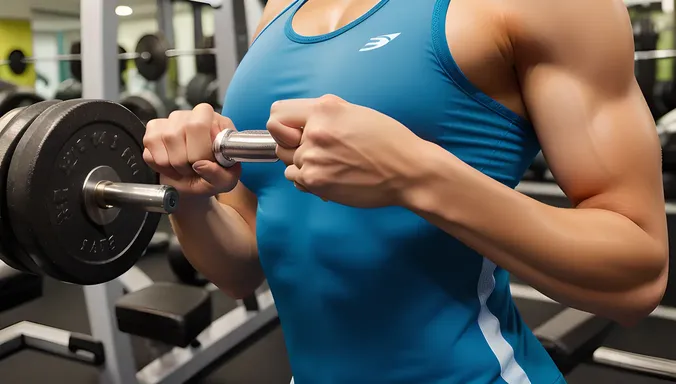 Gym Body Girl Exercising Arms with Dumbbell Close-Up