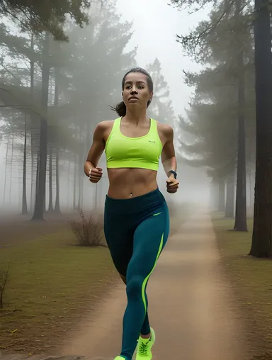 Gym Body Girl Runs through Misty Forest with Determination
