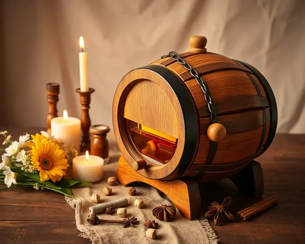 Hand-Carved Wooden Barrel with Golden Liquid and Flowers