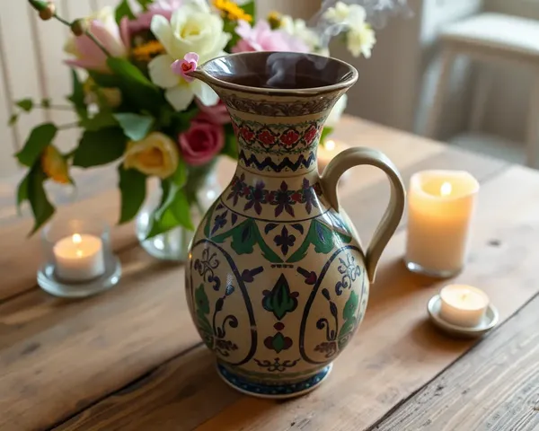 Hand-Painted Ceramic Jug with Fragrant Liquid and Flowers