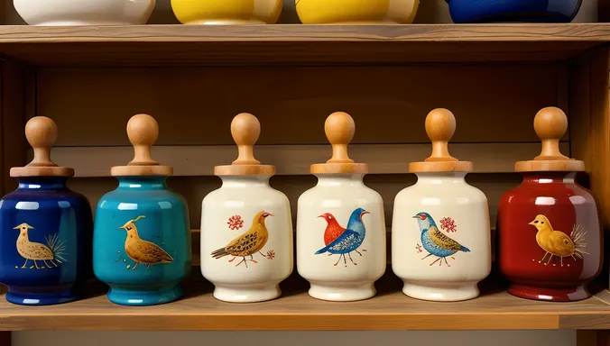 Hand-Painted Ceramic Pestles on Vintage Shelf
