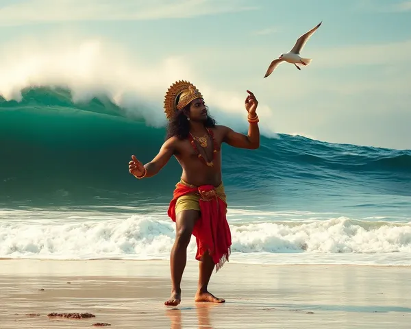 Hanuman Surfs Giant Wave on Beach Shore