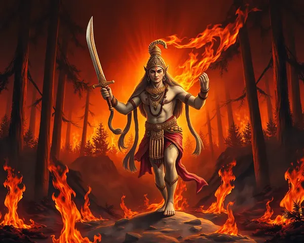 Hanuman Wields Sword Amidst Burning Forest Flames
