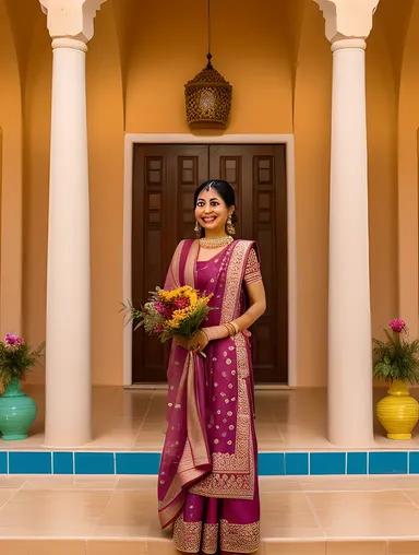 Happy Bhabhi Holding Flowers in Indian Haveli