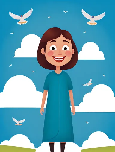 Happy Chara Character in Bright Blue Sky with Clouds