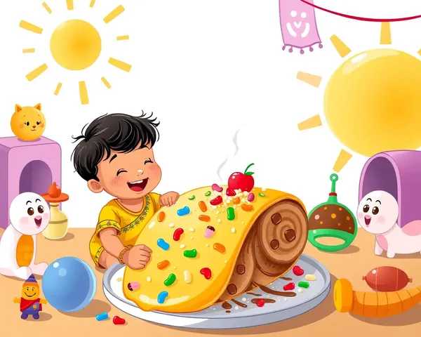 Happy Child Devouring Paniyaram with Colorful Toys