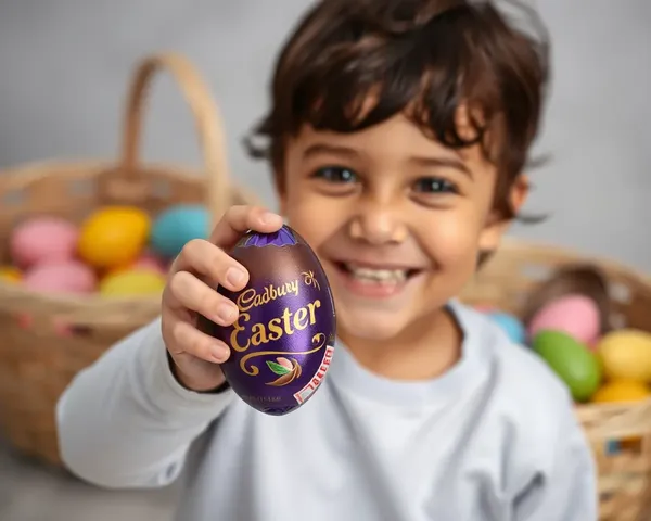 Happy Child with Cadbury Easter Egg and Colorful Basket