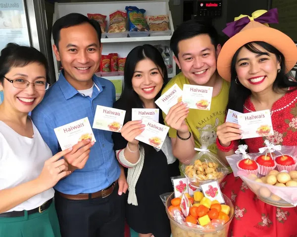 Happy Customers Hold Halwai's Visiting Cards with Colorful Treats