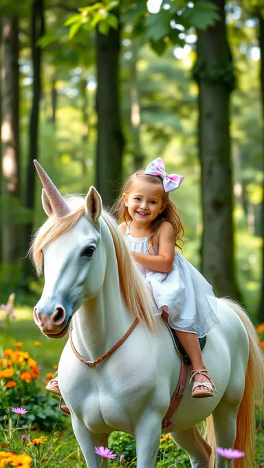 Happy Girl Sits on Unicorn in Whimsical Forest Scene