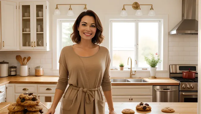 Happy Housewife Surrounded by Freshly Baked Cookies and Tea