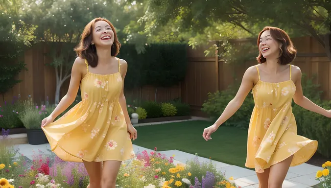 Happy Housewife in Yellow Dress Dancing in Garden