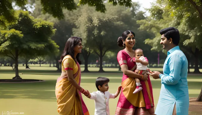Happy Indian Bhabhi Plays with Children in Lush Green Park