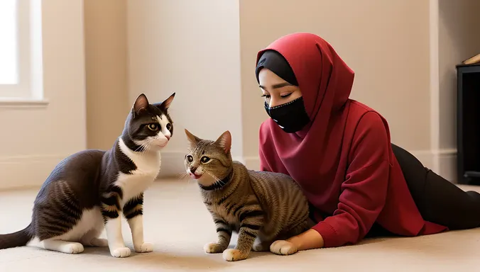 Happy Niqab Girl Plays with Pet Cat
