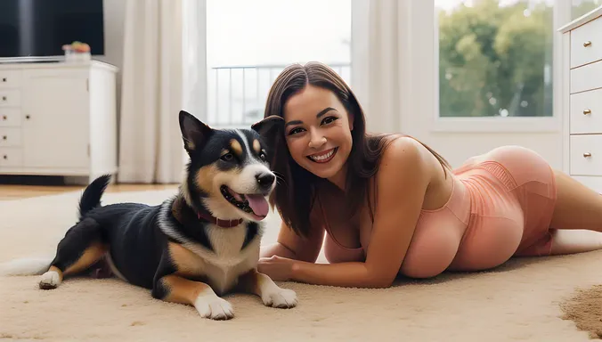 Happy Pregnant Girl Playing with Pet Dog