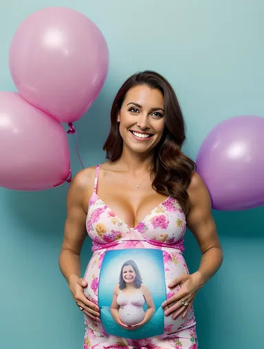 Happy Pregnant Girl with Sonogram and Balloons