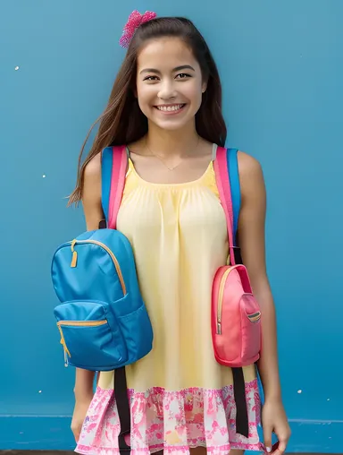 Happy School Girl in Bright Yellow Sundress Holding Backpack