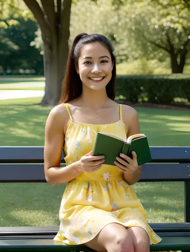 Happy School Girl in Yellow Sundress in Lush Green Park