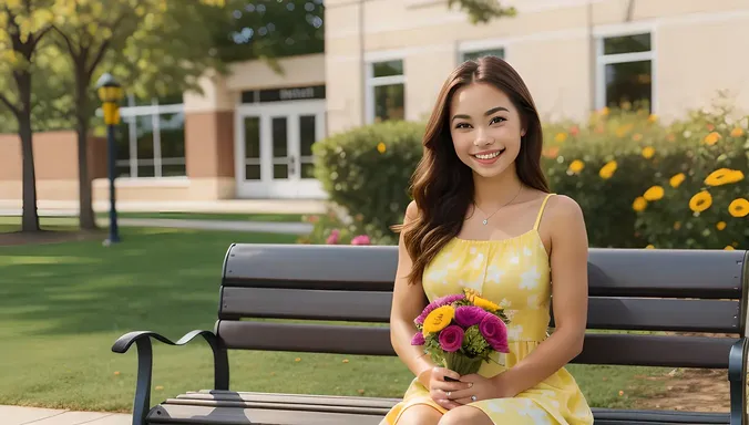 Happy School Girl with Flowers in Yellow Sundress
