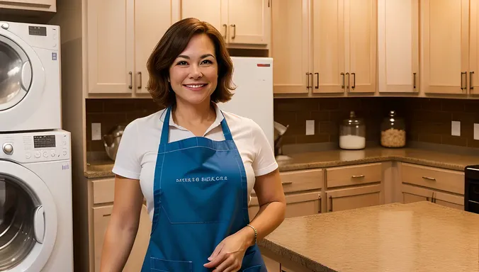 Hardworking Housewife in Worn-Out Apron with Dirty Dishes