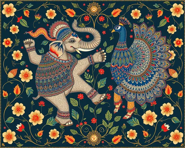 Harmonious Elephant and Peacock Madhubani-Style Wallpaper Dance