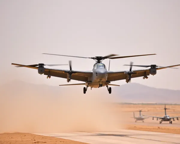 Harrier Performs Vertical Takeoff from Desert Runway with Rotors Spinning