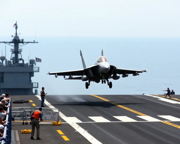 Harrier Takes Off from Aircraft Carrier with Deck Crew Scrambling
