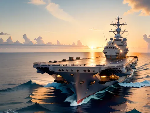 Harry Truman Aircraft Carrier Sails Through Sunset Ocean Waters