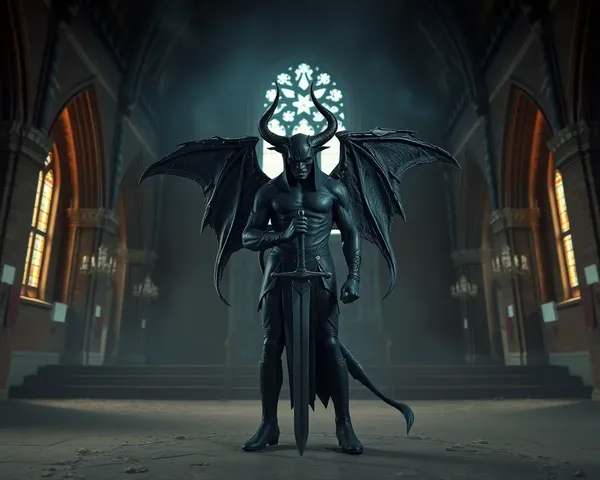 Haunting Black Devil in Abandoned Church with Atmospheric Interior Wallpaper