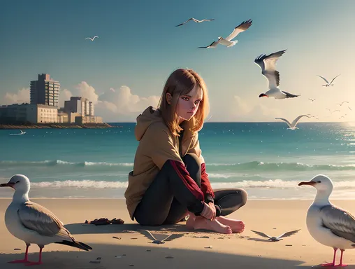 Haunting Illustration of Madeleine McCann on Beach with Seagulls
